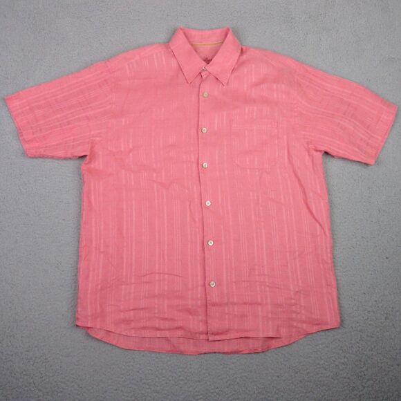 Tommy Bahama Shirt Mens Large Salmon 100% Linen Short Sleeve Button Up Camp - Picture 1 of 12